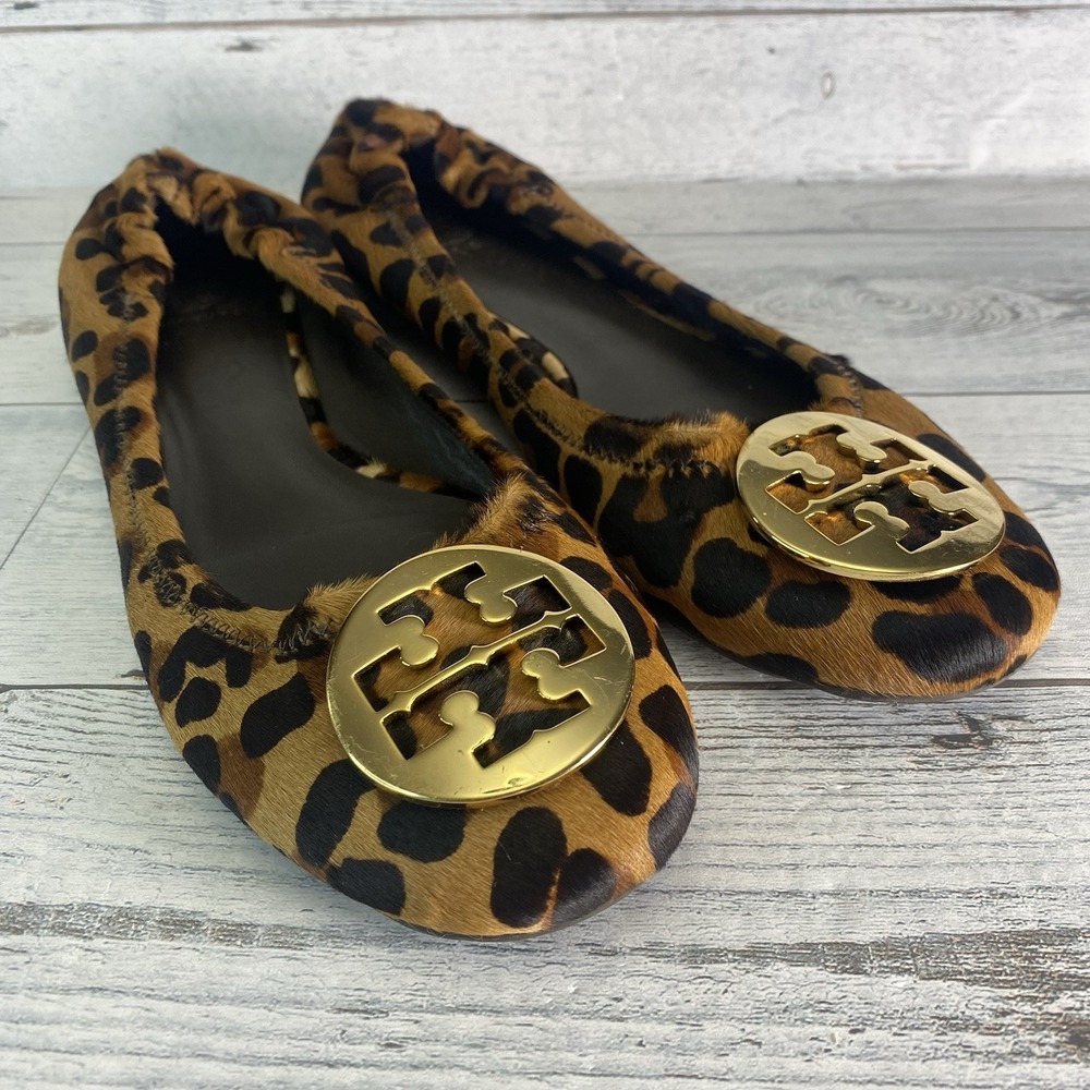 Tory Burch Reva Flats Womens 11 M Leopard Calfskin Ballerina Shoes Medallion